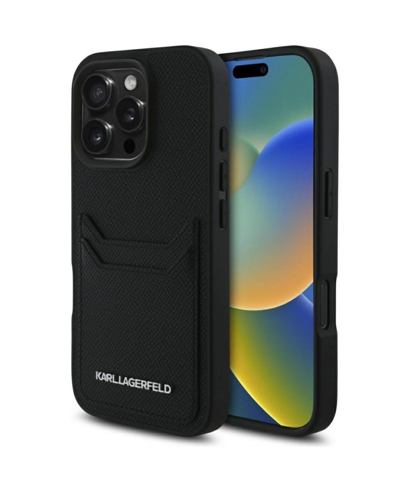 Karl Lagerfeld HC Grained PU Cardslot Metal Elong iPhone 16 Pro Case - Black