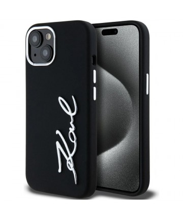 Karl Lagerfeld Silicone Metal Script Logo iPhone 15 Case - Black