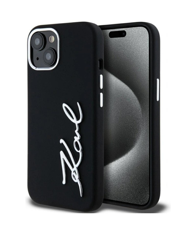 Karl Lagerfeld Silicone Metal Script Logo iPhone 15 Case - Black
