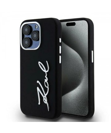 Karl Lagerfeld Silicone Metal Script Logo iPhone 15 Pro Max Case - Black