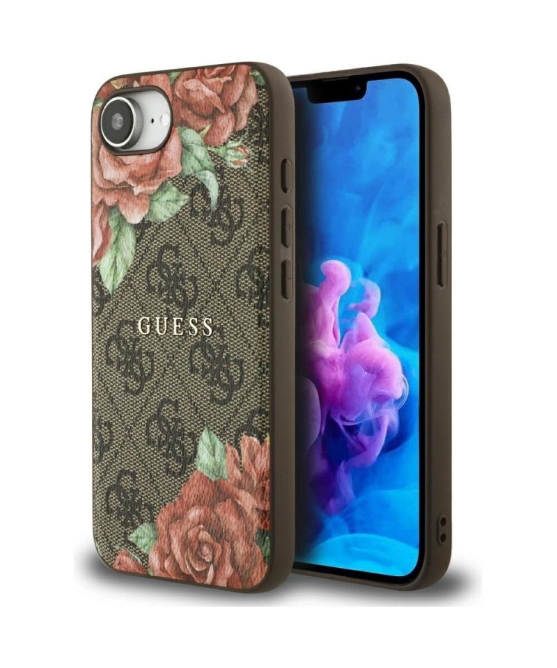 Guess 4G Flowers Print MagSafe case for iPhone 16e - brown