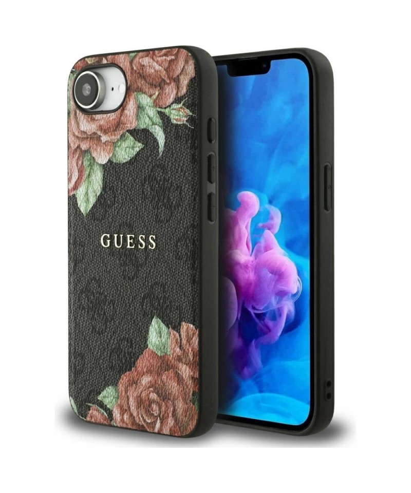 Guess 4G Flowers Print MagSafe case for iPhone 16e - black
