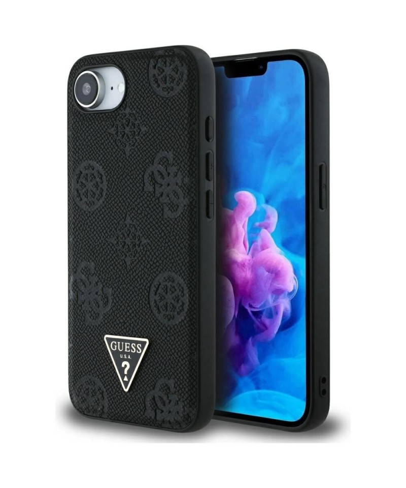 Guess Grained Hot Stamp Peony Triangle Logo MagSafe Case for iPhone 16e - Black