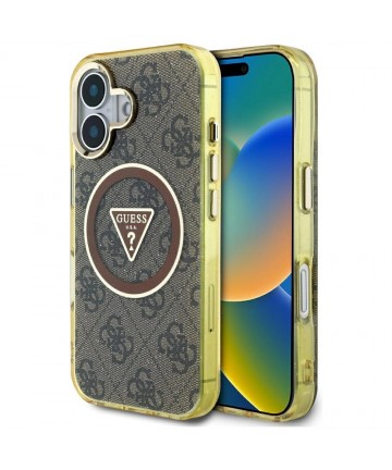 Guess IML Metal Glitter 4G Circle Triangle MagSafe Case for iPhone 16 - Brown