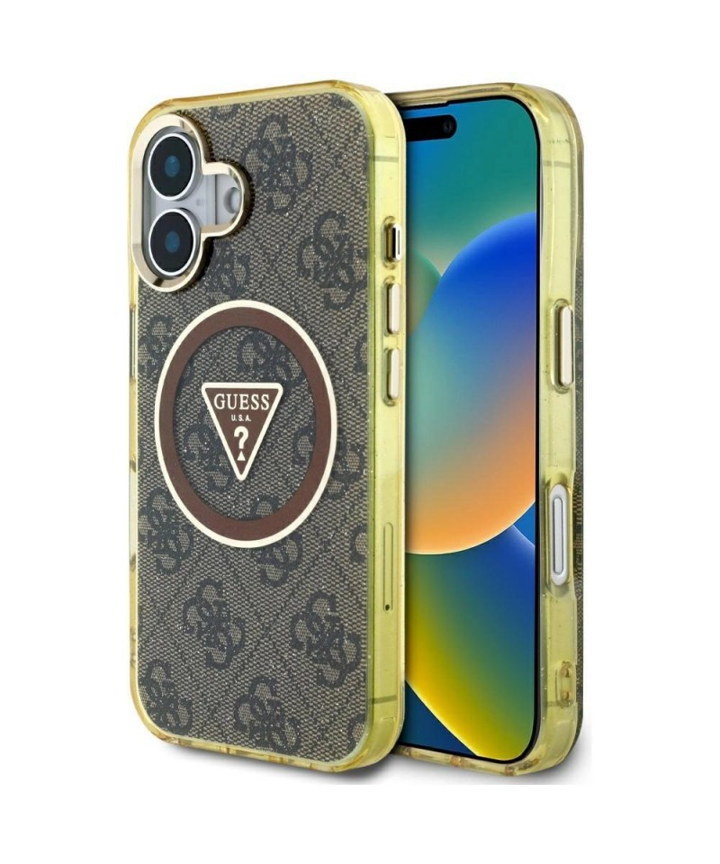 Guess IML Metal Glitter 4G Circle Triangle MagSafe Case for iPhone 16 - Brown