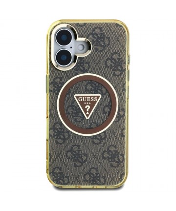 Guess IML Metal Glitter 4G Circle Triangle MagSafe Case for iPhone 16 - Brown
