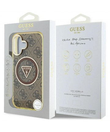 Guess IML Metal Glitter 4G Circle Triangle MagSafe Case for iPhone 16 - Brown