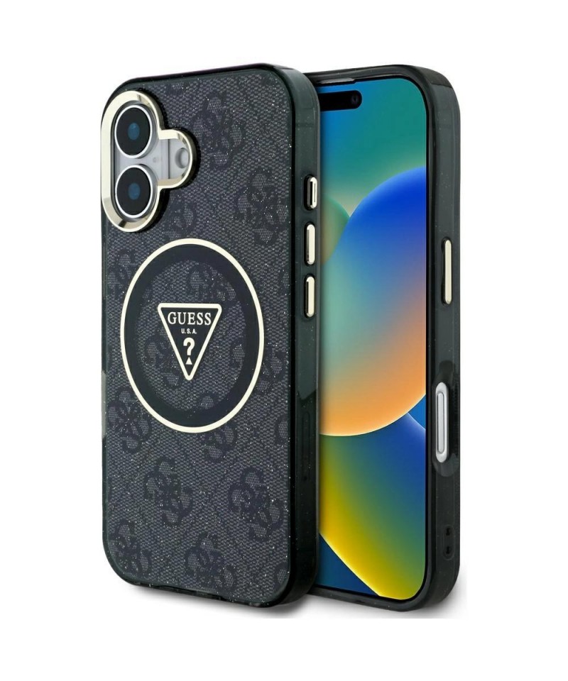 Guess IML Metal Glitter 4G Circle Triangle MagSafe Case for iPhone 16 - Black
