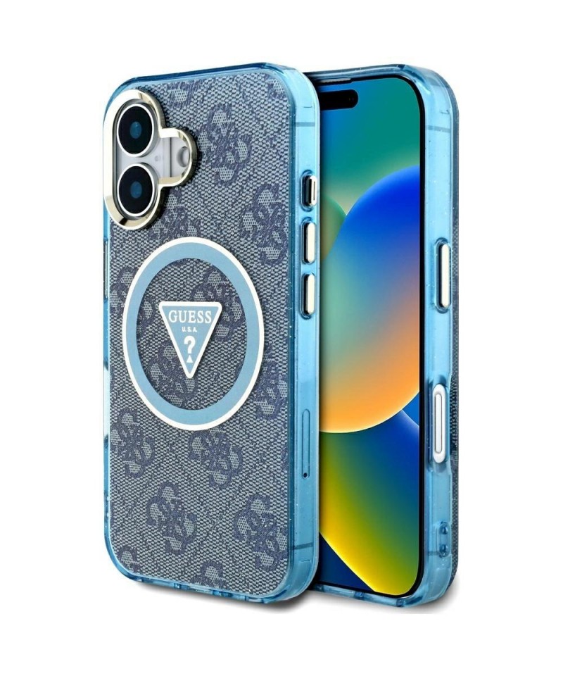 Guess IML Metal Glitter 4G Circle Triangle MagSafe Case for iPhone 16 - Blue