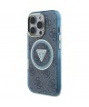 Guess IML Metal Glitter 4G Circle Triangle MagSafe Case for iPhone 16 Pro - Blue