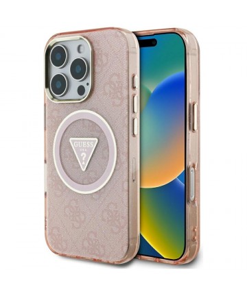 Guess IML Metal Glitter 4G Circle Triangle MagSafe Case for iPhone 16 Pro - Pink