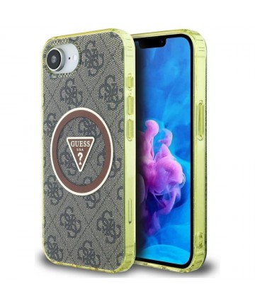 Guess IML Metal Glitter 4G Circle Triangle MagSafe case for iPhone 16e - brown
