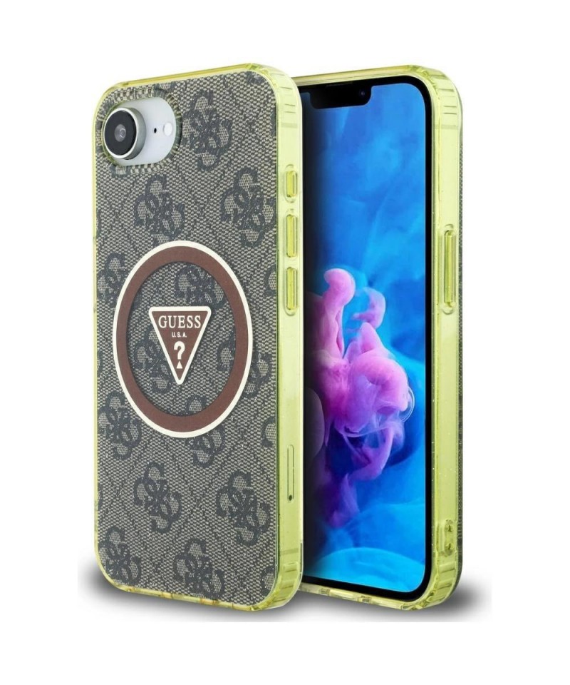 Guess IML Metal Glitter 4G Circle Triangle MagSafe case for iPhone 16e - brown