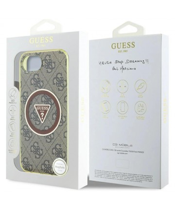Guess IML Metal Glitter 4G Circle Triangle MagSafe case for iPhone 16e - brown
