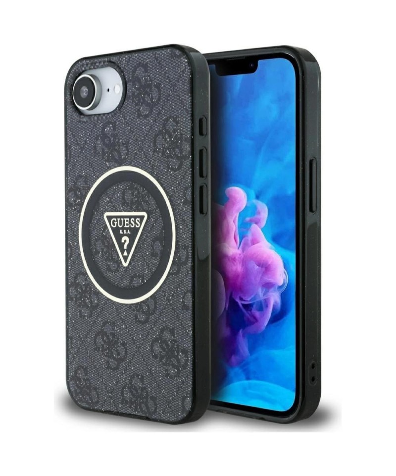 Guess IML Metal Glitter 4G Circle Triangle MagSafe Case for iPhone 16e - Black