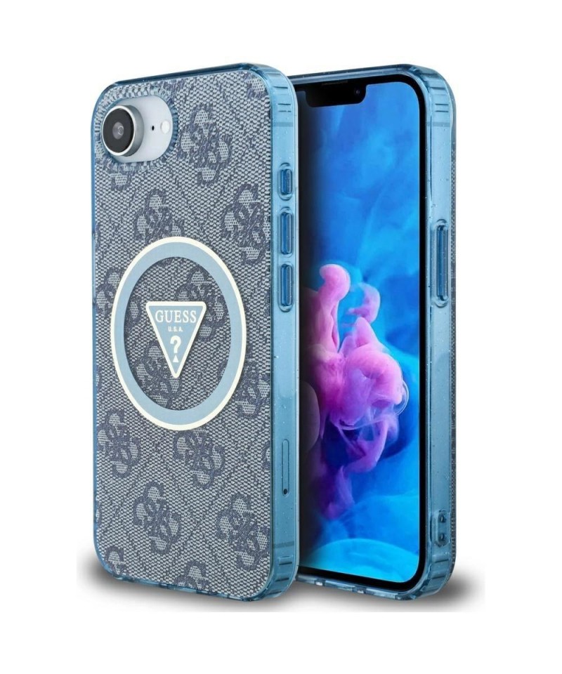 Guess IML Metal Glitter 4G Circle Triangle MagSafe Case for iPhone 16e - Blue