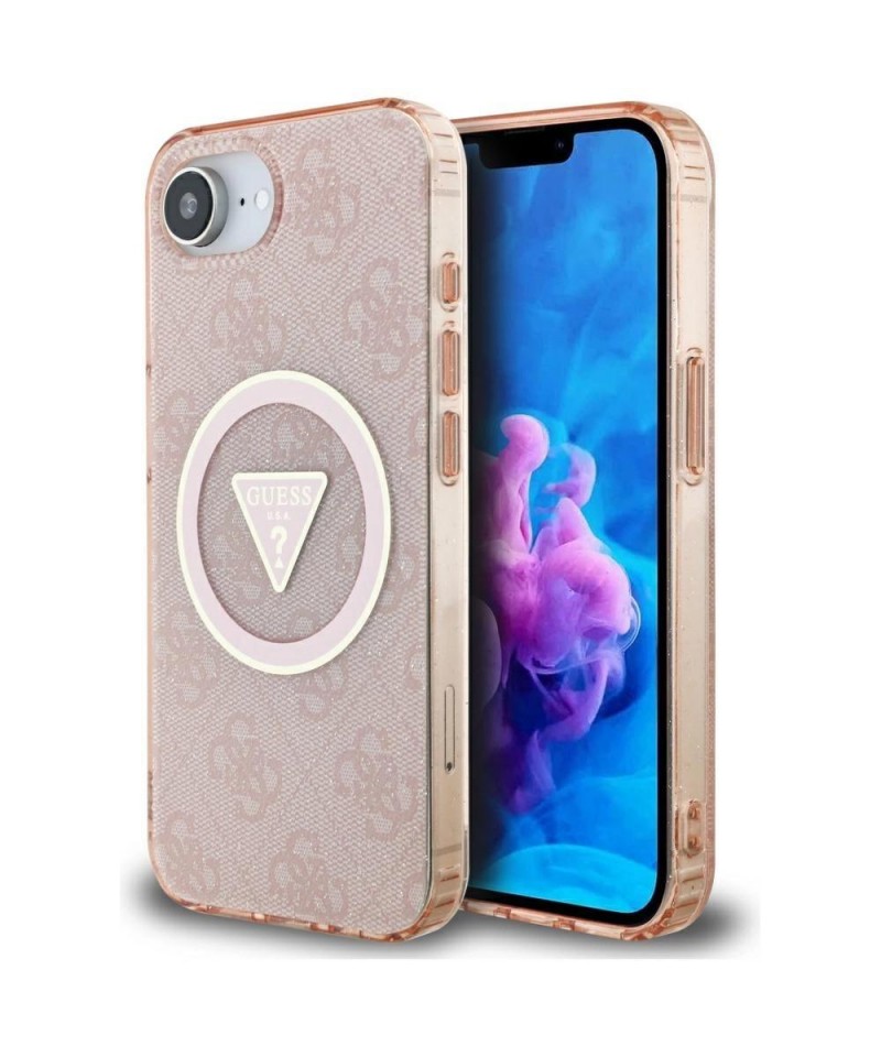 Guess IML Metal Glitter 4G Circle Triangle MagSafe case for iPhone 16e - pink