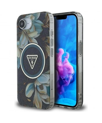 Guess IML Metal Glitter Flowers Triangle MagSafe case for iPhone 16e - black