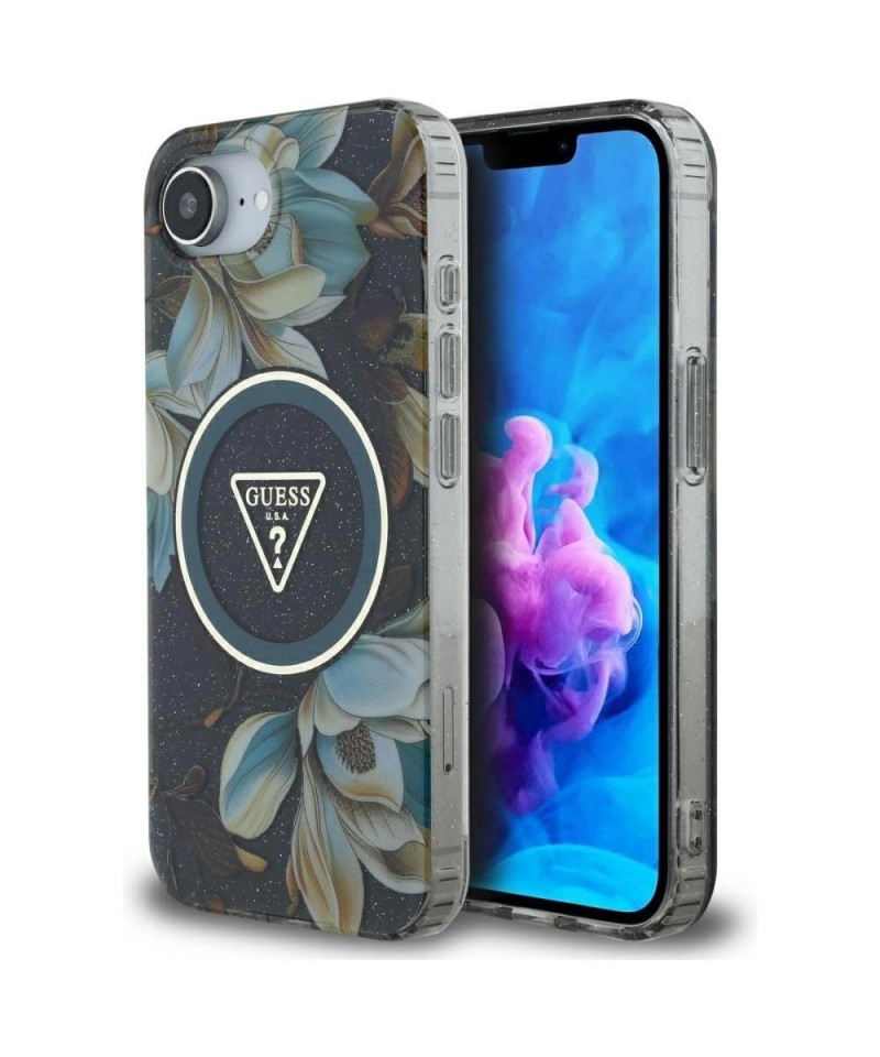 Guess IML Metal Glitter Flowers Triangle MagSafe case for iPhone 16e - black