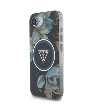 Guess IML Metal Glitter Flowers Triangle MagSafe case for iPhone 16e - black