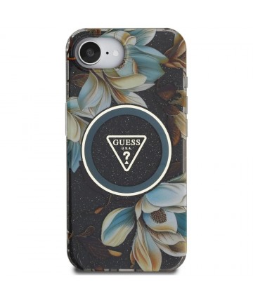 Guess IML Metal Glitter Flowers Triangle MagSafe case for iPhone 16e - black