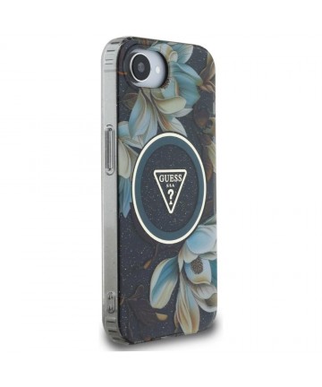 Guess IML Metal Glitter Flowers Triangle MagSafe case for iPhone 16e - black
