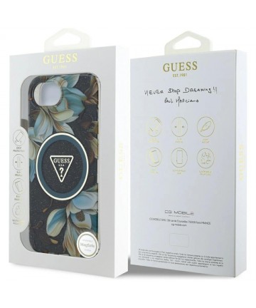 Guess IML Metal Glitter Flowers Triangle MagSafe case for iPhone 16e - black
