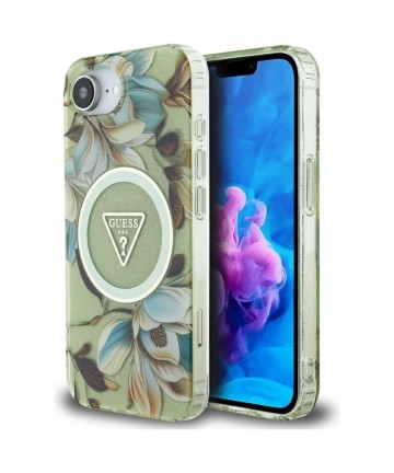Guess IML Metal Glitter Flowers Triangle MagSafe iPhone 16e Case - Green
