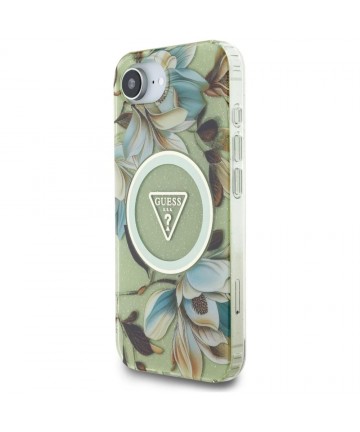 Guess IML Metal Glitter Flowers Triangle MagSafe iPhone 16e Case - Green
