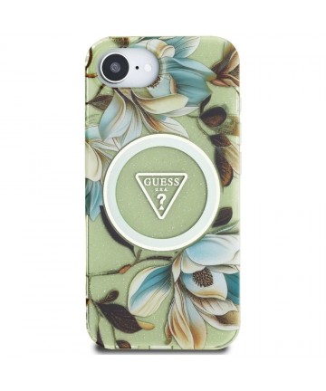Guess IML Metal Glitter Flowers Triangle MagSafe iPhone 16e Case - Green