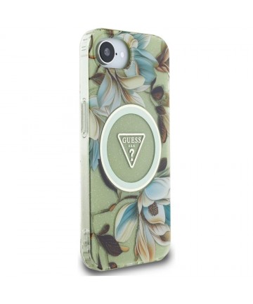 Guess IML Metal Glitter Flowers Triangle MagSafe iPhone 16e Case - Green