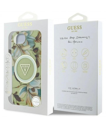 Guess IML Metal Glitter Flowers Triangle MagSafe iPhone 16e Case - Green