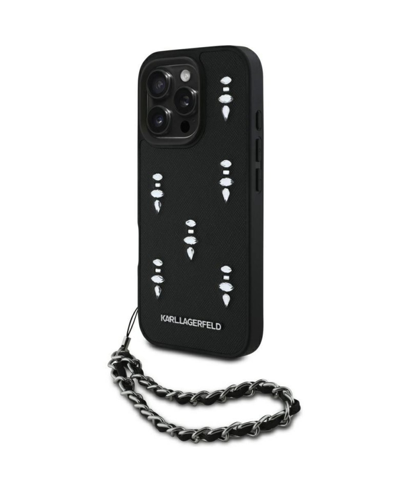 Karl Lagerfeld Saffiano Crystals w/Chain iPhone 16 Pro Case - Black